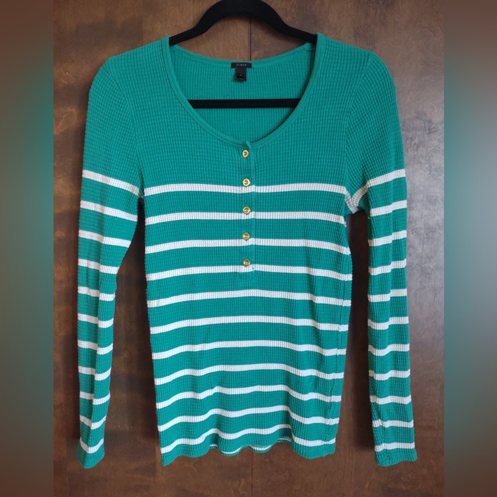 Women's J. Crew Green & White Waffle Knit Thermal Sweater || Small